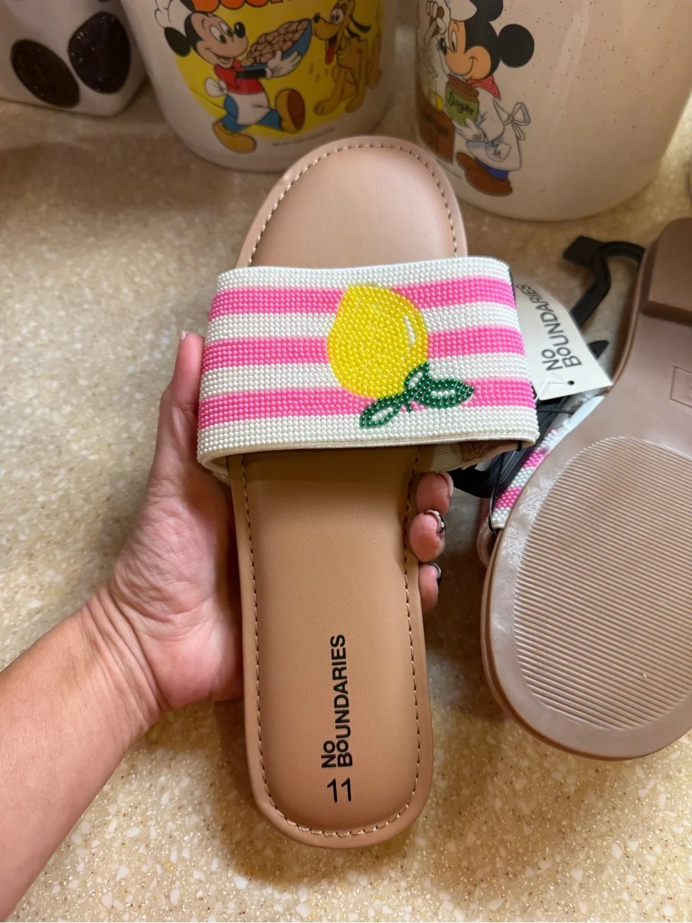 No Boundaries Pink & White Beaded Slide Sandals with Yellow Lemon Women’s Sz 11